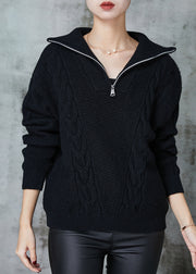 Black Warm Knit Sweater Tops Zip Up Spring