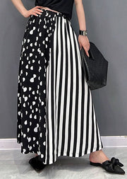 Black White Dot Striped Print Patchwork Wide Leg Pants High Waist Pockets Summer