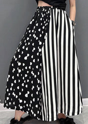 Black White Dot Striped Print Patchwork Wide Leg Pants High Waist Pockets Summer