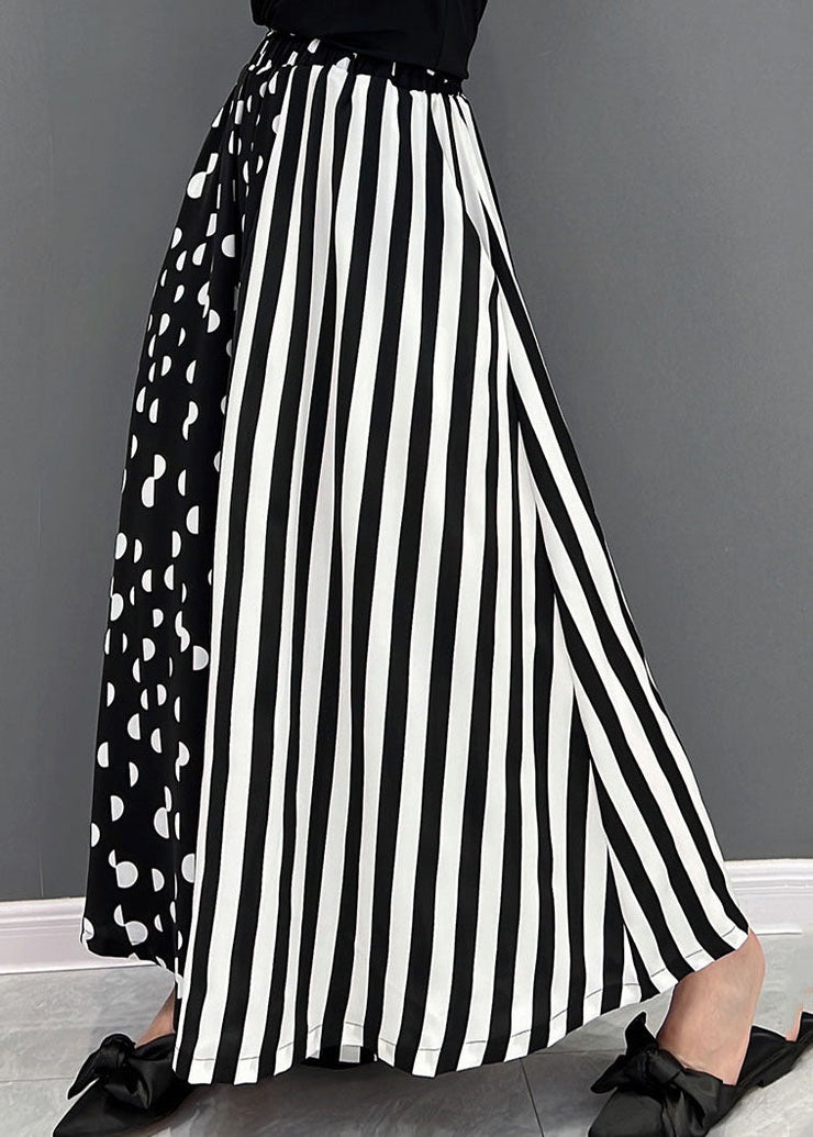 Black White Dot Striped Print Patchwork Wide Leg Pants High Waist Pockets Summer