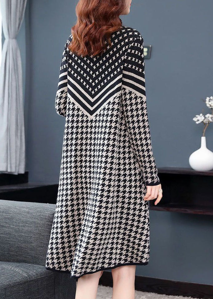 Black White Print Cinch Sweater Dress High Neck Long Sleeve