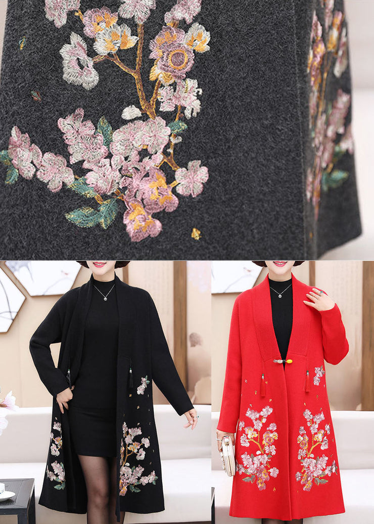 Black Woolen Trench Coats Embroideried Thick Long Sleeve