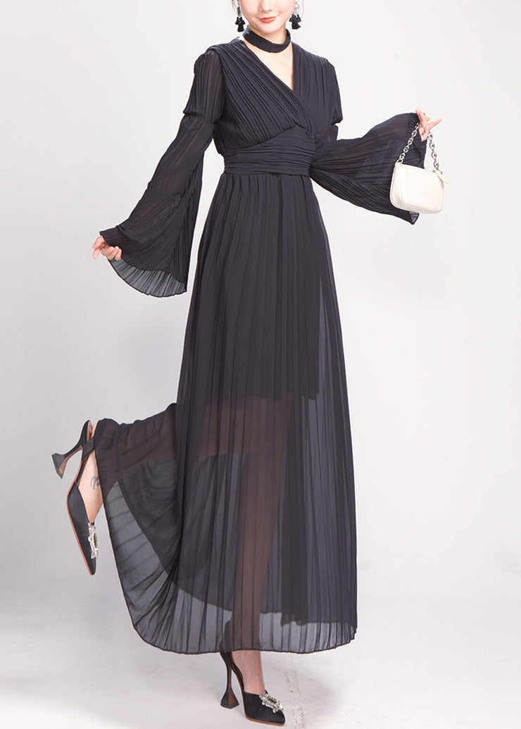 Black Wrinkled Chiffon Holiday Dress V Neck Flare Sleeve