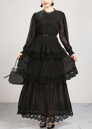 Black Wrinkled Lace Patchwork Chiffon LongDresses Fall