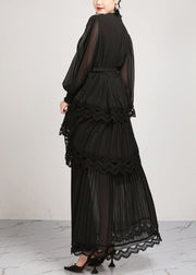 Black Wrinkled Lace Patchwork Chiffon LongDresses Fall