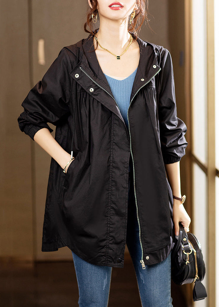 Black Wrinkled Patchwork Cotton Coats Zip Up Long Sleeve