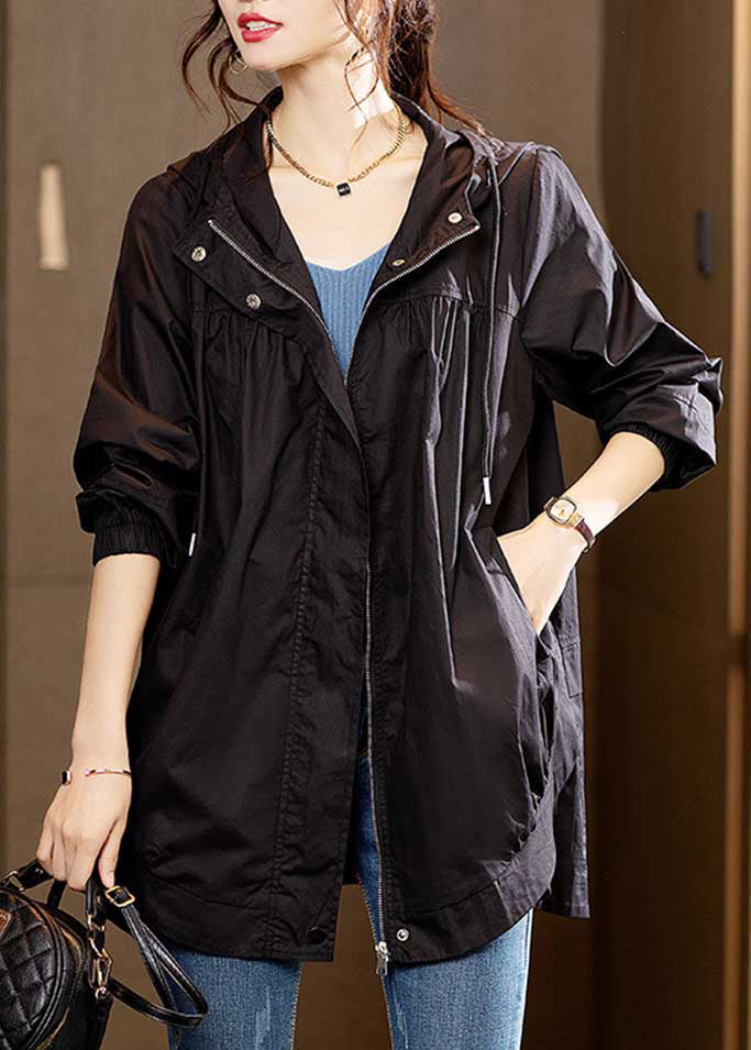 Black Wrinkled Patchwork Cotton Coats Zip Up Long Sleeve