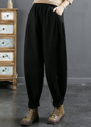 Black Wrinkled Patchwork Fleece Harem Pants High Waist