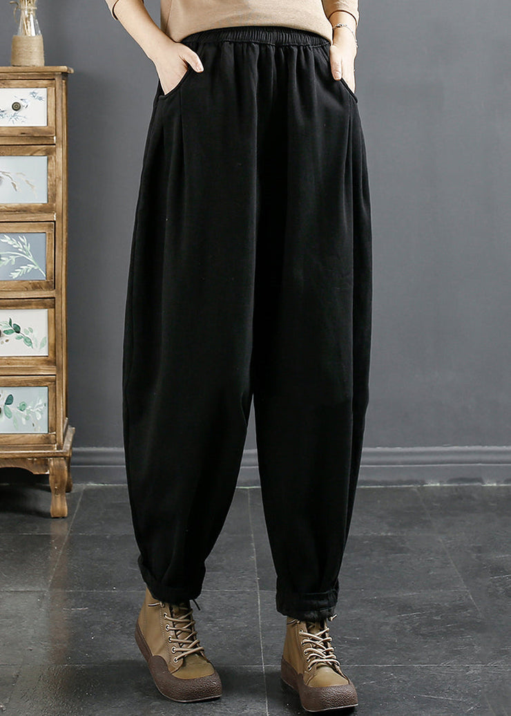 Black Wrinkled Patchwork Fleece Harem Pants High Waist