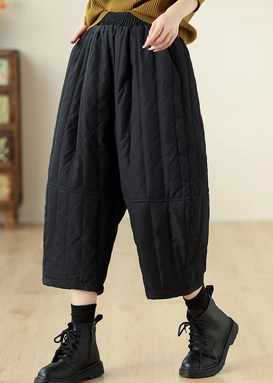 Black Wrinkled Pockets Fine Cotton Filled Crop Wide Leg Pants Winter