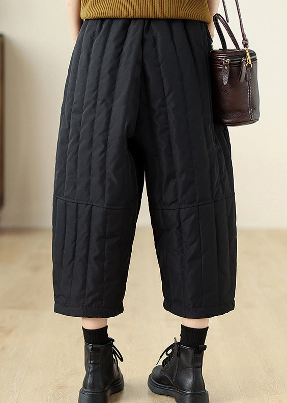 Black Wrinkled Pockets Fine Cotton Filled Crop Wide Leg Pants Winter