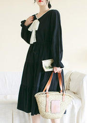 Black Wrinkled Solid Cotton Long Dress Long Sleeve