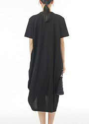 Black Wrinkled Solid Cotton Long Dress Short Sleeve