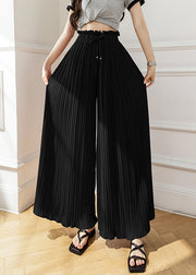 Black Wrinkled Thin Chiffon Wide Leg Pants Elastic Waist