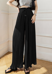 Black Wrinkled Thin Chiffon Wide Leg Pants Elastic Waist