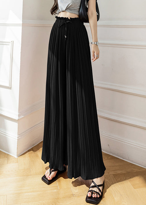 Black Wrinkled Thin Chiffon Wide Leg Pants Elastic Waist