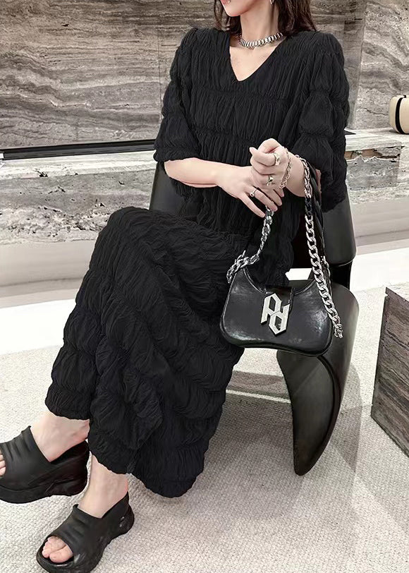 Black Wrinkled Vacation Chiffon Long Dresses Summer