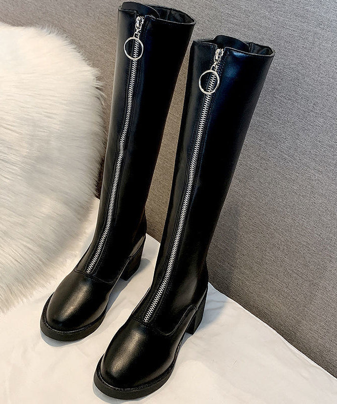 Black Zippered Cowhide Leather Boho Knee boots