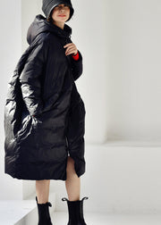 Black Zippered Long Hooded Duck Down Filled Down Coat Winter