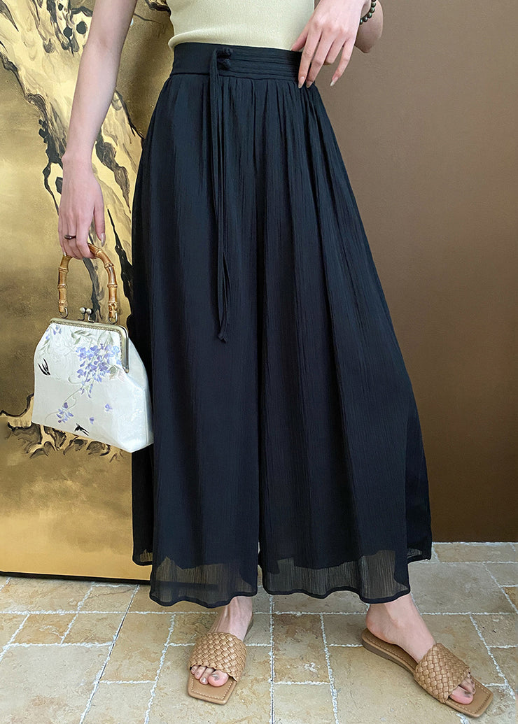 Black Zippered Pockets Cotton Summer Wide Leg Pants