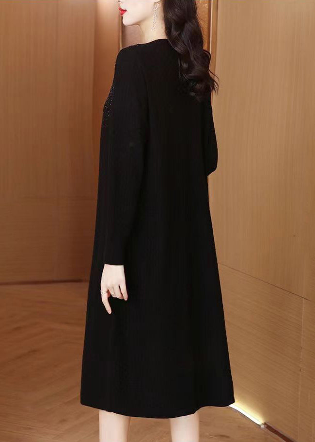 Black Zircon Patchwork Knit Winter Sweater Dress V Neck