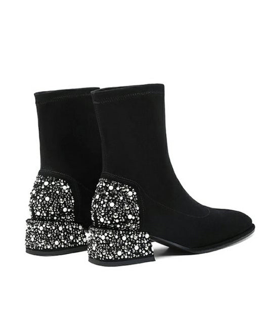 Black Zircon Splicing Stylish Suede Chunky Boots