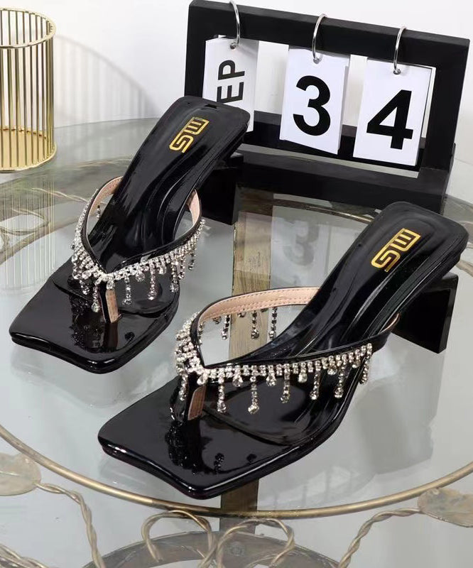 Black Zircon Tassel Fashion Chunky Heel Thong Sandals