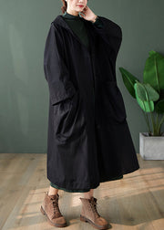 Blackish Green Button Pockets Patchwork Cotton Long Trench Coats Hooded Fall