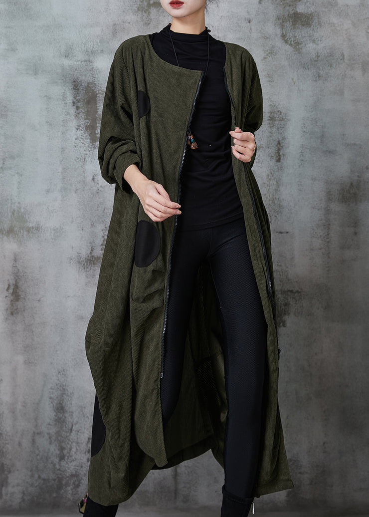 Blackish Green Dot Cotton Trench Coat Asymmetrical Spring