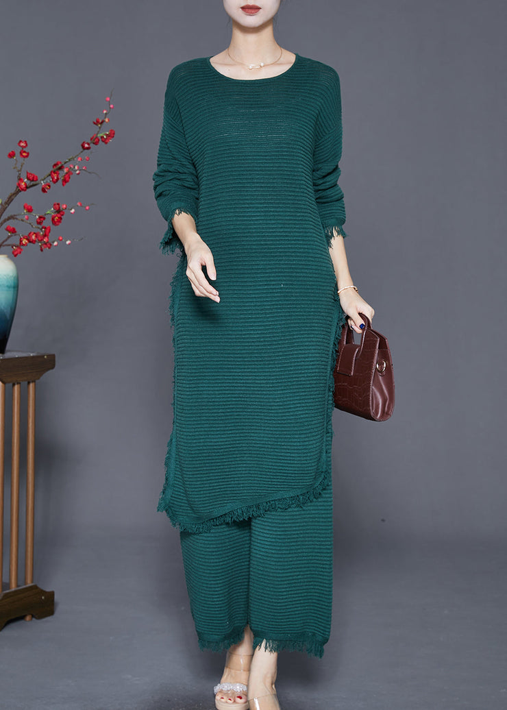 Blackish Green Knit Two Piece Set Women Clothing Tasseled Side Open Fall