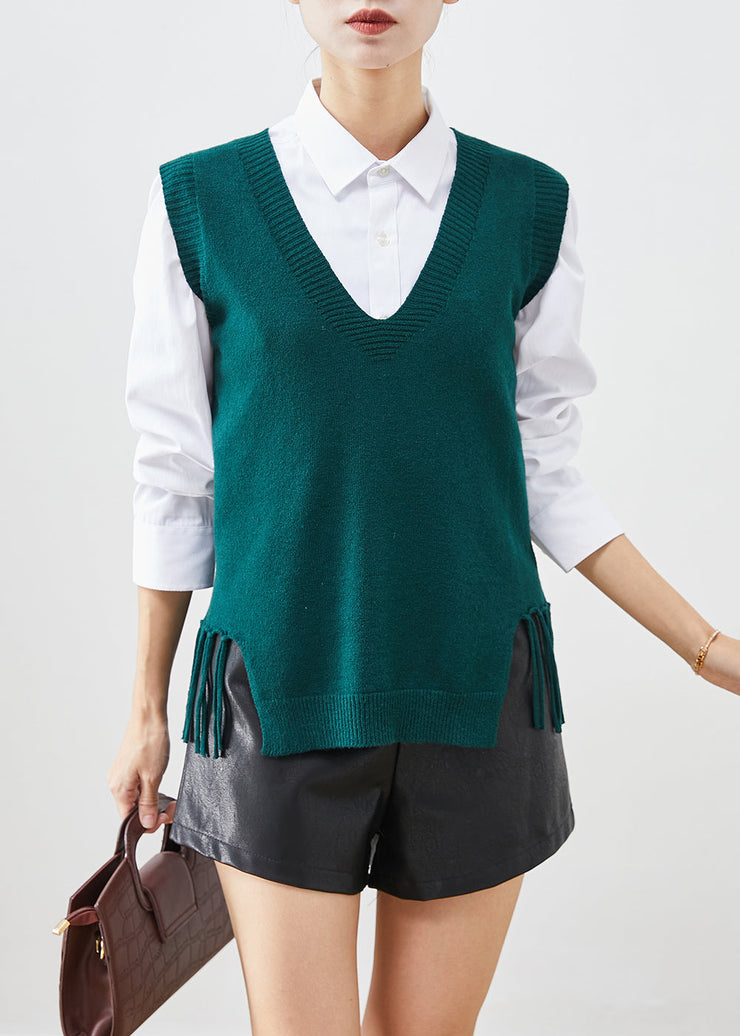 Blackish Green Knit Vest Tops Tasseled Fall