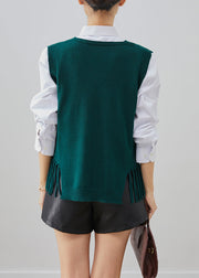 Blackish Green Knit Vest Tops Tasseled Fall