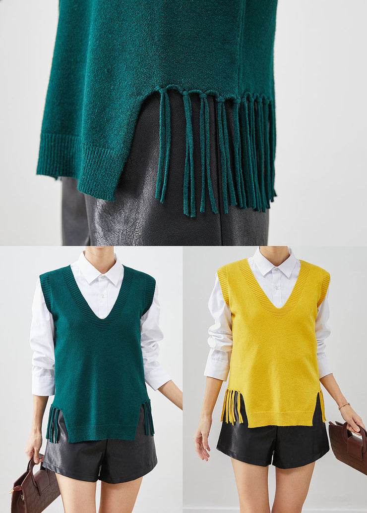 Blackish Green Knit Vest Tops Tasseled Fall