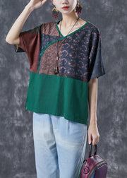 Blackish Green Patchwork Linen Blouses Oversized Print Summer