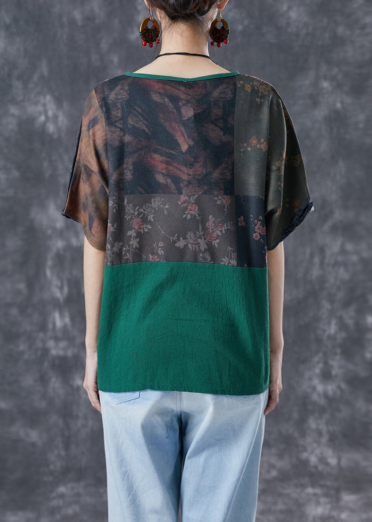 Blackish Green Patchwork Linen Blouses Oversized Print Summer