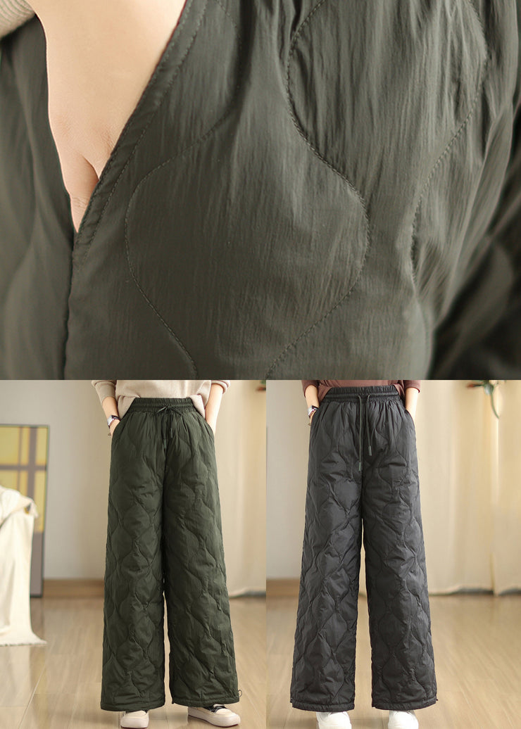 Blackish Green Pockets Fine Cotton Filled Pants Cinched Winter