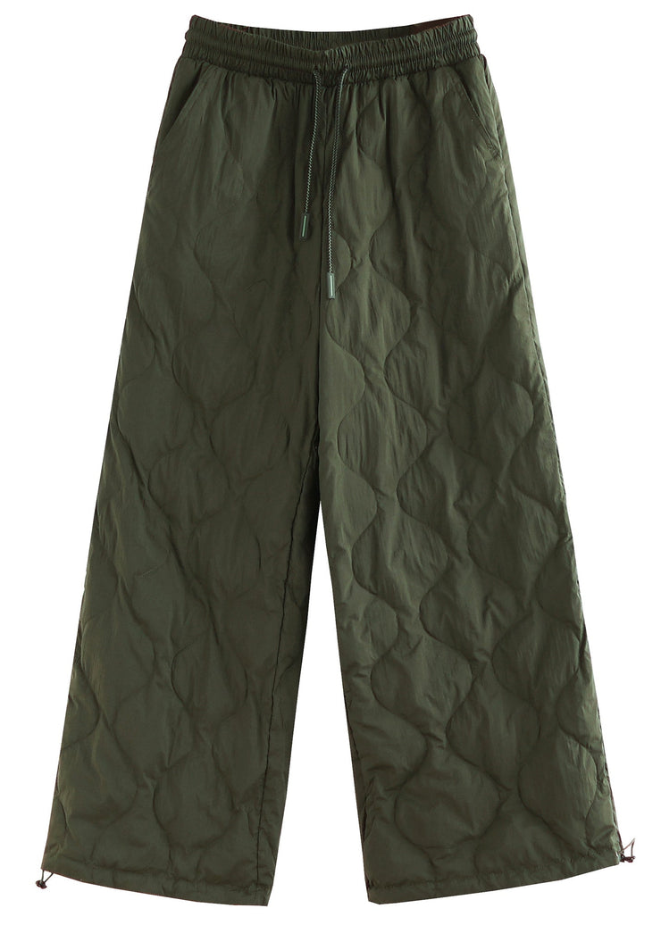 Blackish Green Pockets Fine Cotton Filled Pants Cinched Winter