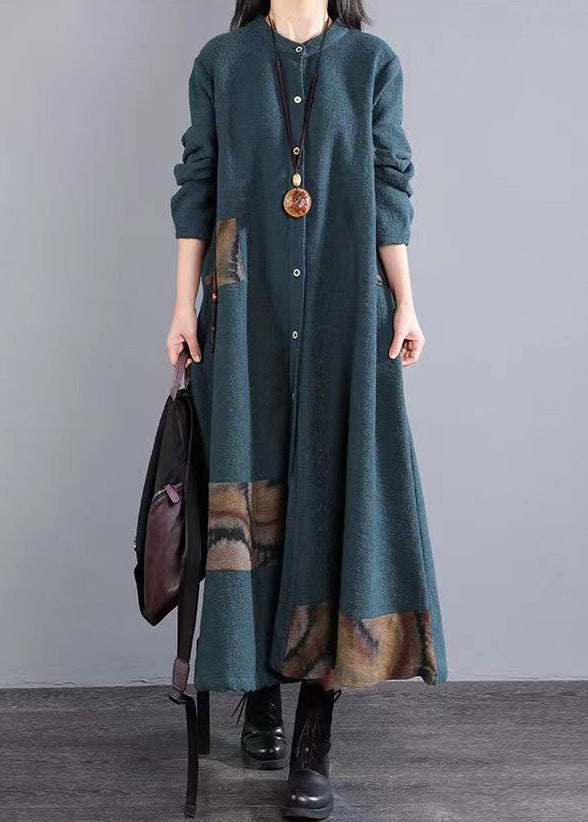 Blackish Green Pockets Patchwork Cotton Dress Stand Collar Fall