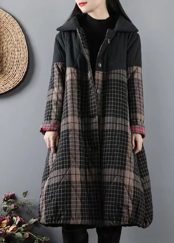 Blackish Green Pockets Plaid Patchwork Fine Cotton Filled Coats Winter