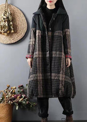 Blackish Green Pockets Plaid Patchwork Fine Cotton Filled Coats Winter