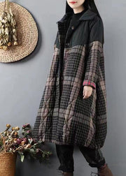 Blackish Green Pockets Plaid Patchwork Fine Cotton Filled Coats Winter