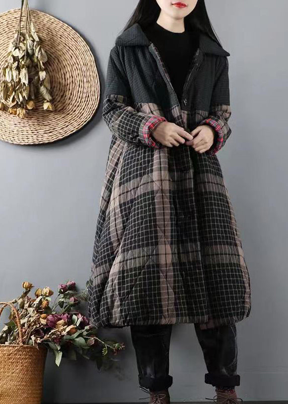 Blackish Green Pockets Plaid Patchwork Fine Cotton Filled Coats Winter