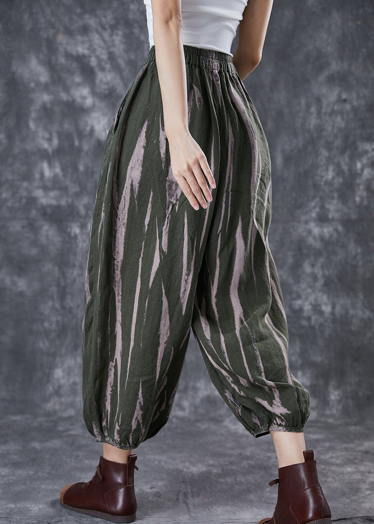 Blackish Green Print Linen Harem Pants Oversized Spring