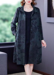 Blackish Green Print Silk Trench Hooded Pockets Long Sleeve