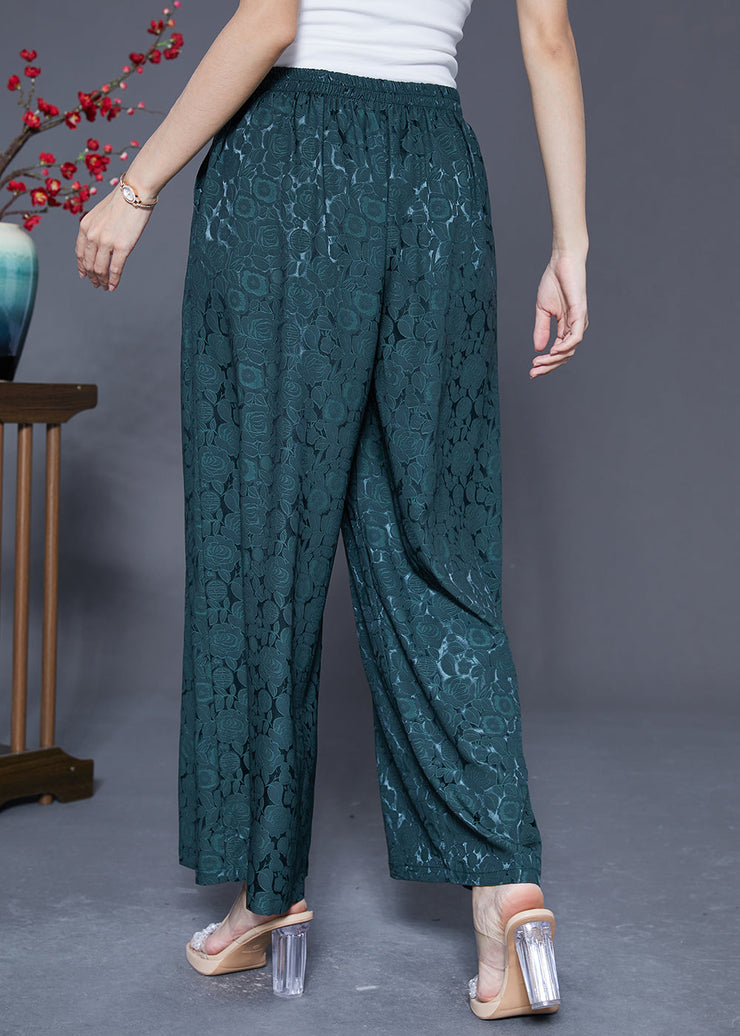 Blackish Green Silk Straight Pants High Waist Tassel Summer