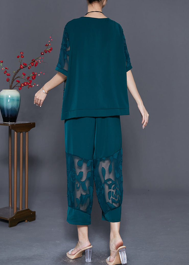 Blackish Green Silk Two Pieces Set Hollow Out Jacquard Summer