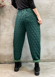 Blackish Green Solid Cotton Filled Crop Pants High Waist