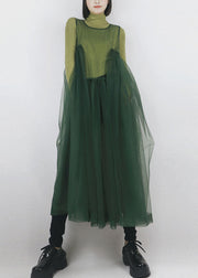 Blackish Green Tulle Long Dress Asymmetrical Exra Large Hem Sleeveless