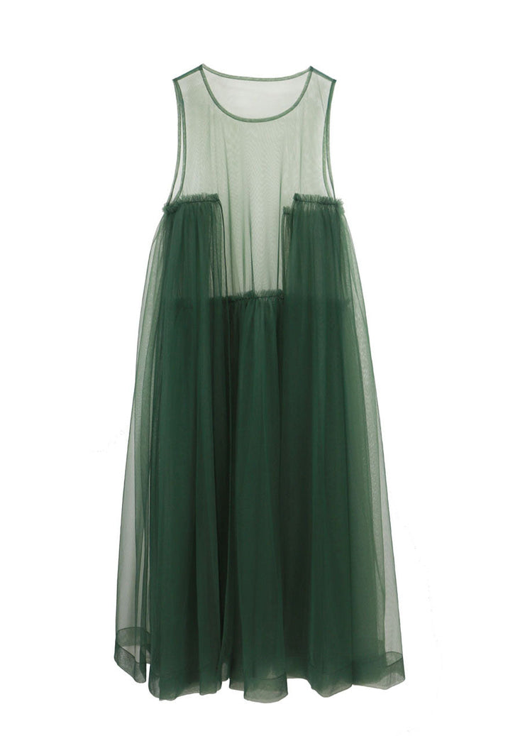 Blackish Green Tulle Long Dress Asymmetrical Exra Large Hem Sleeveless