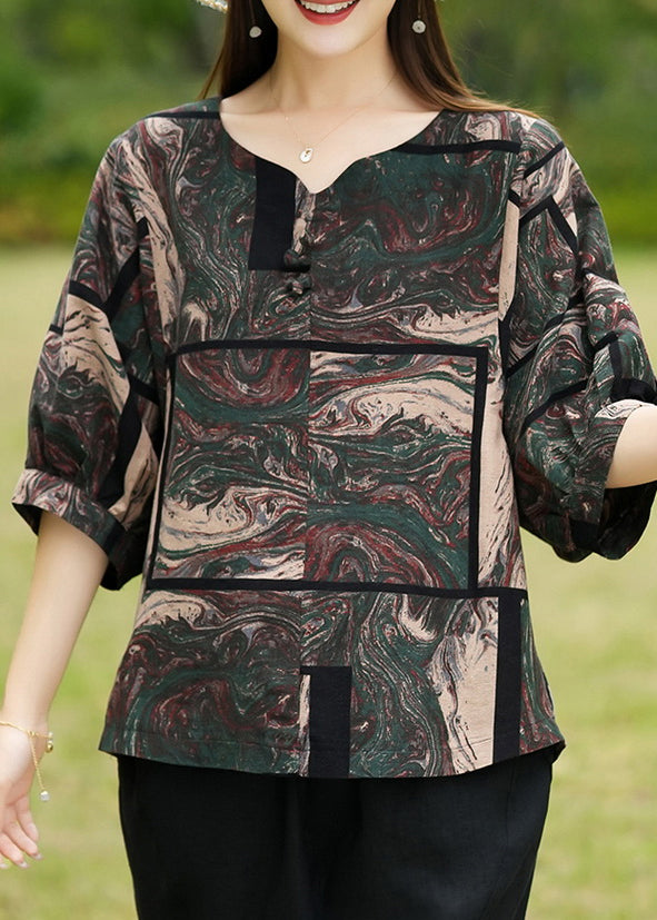 Blackish Green V Neck Patchwork Top Spring